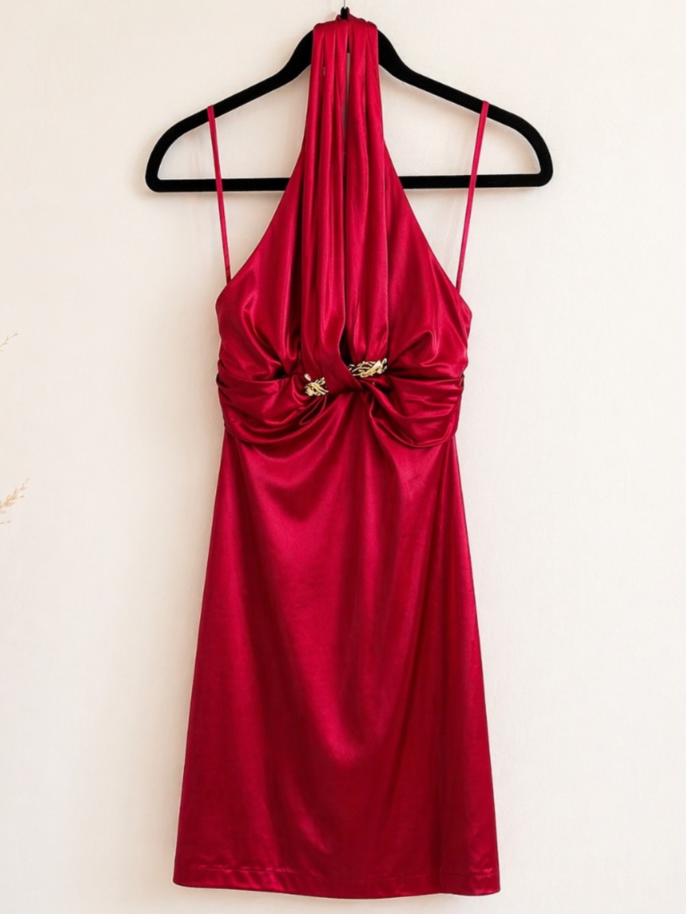 Roberto Cavalli Red Satin Halter Dress Backless Gold Snake IT 44 Vintage Sexy